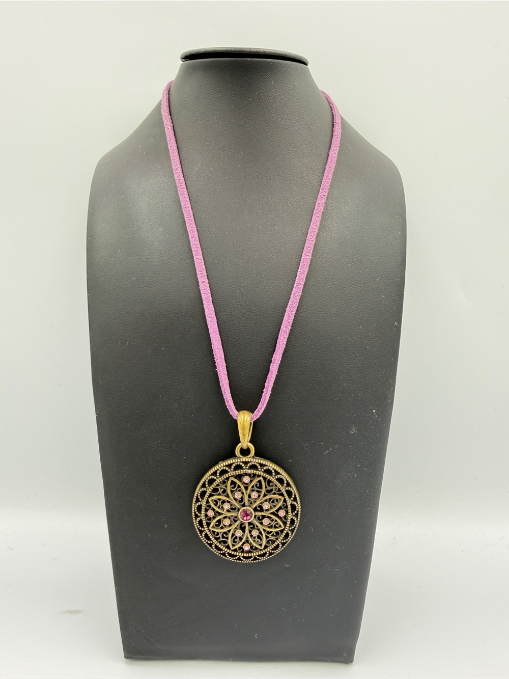 Lia Sophia Gold Filigree Pendant Necklace with Pink Cord